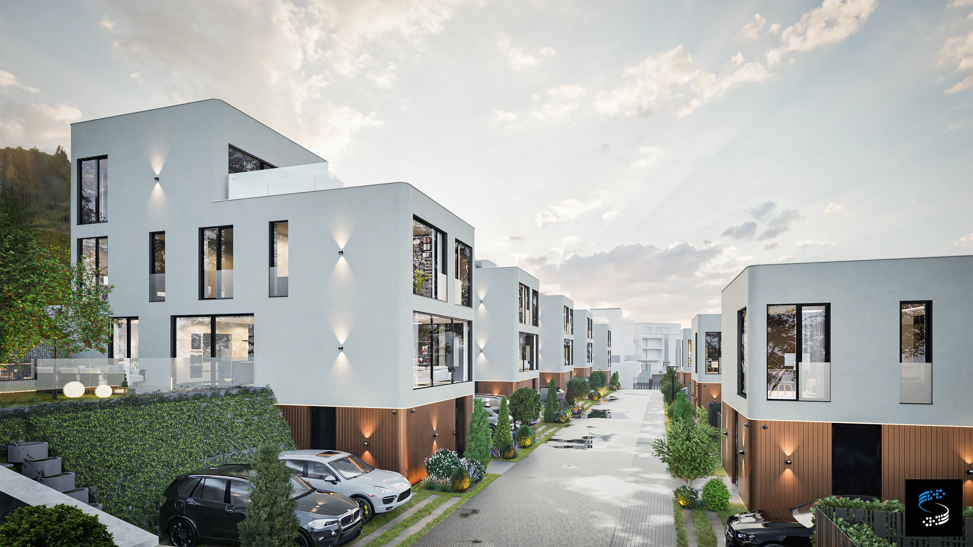 nočný pohľad na mestské vily Sympatia